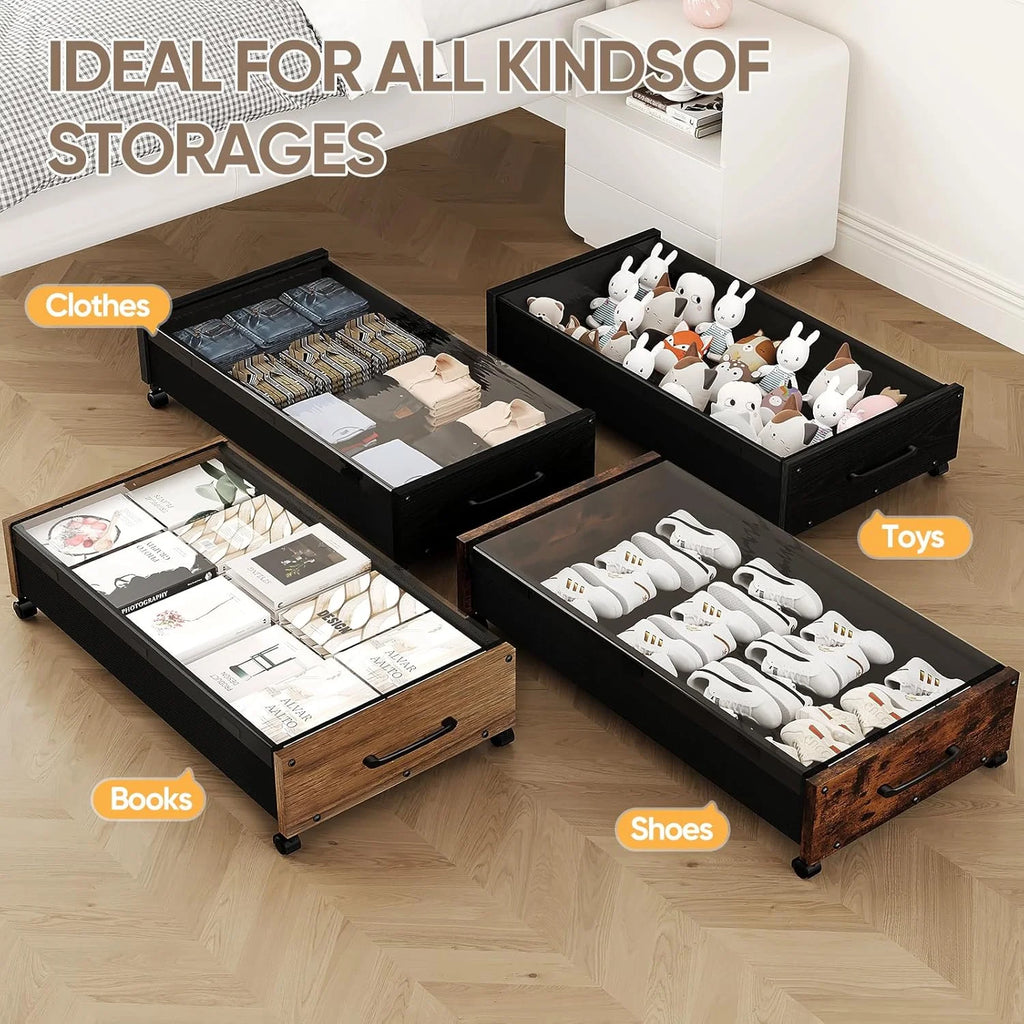 Black Wood 2 Pack Under Bed Storage with Wheels and Removable Lid J340300