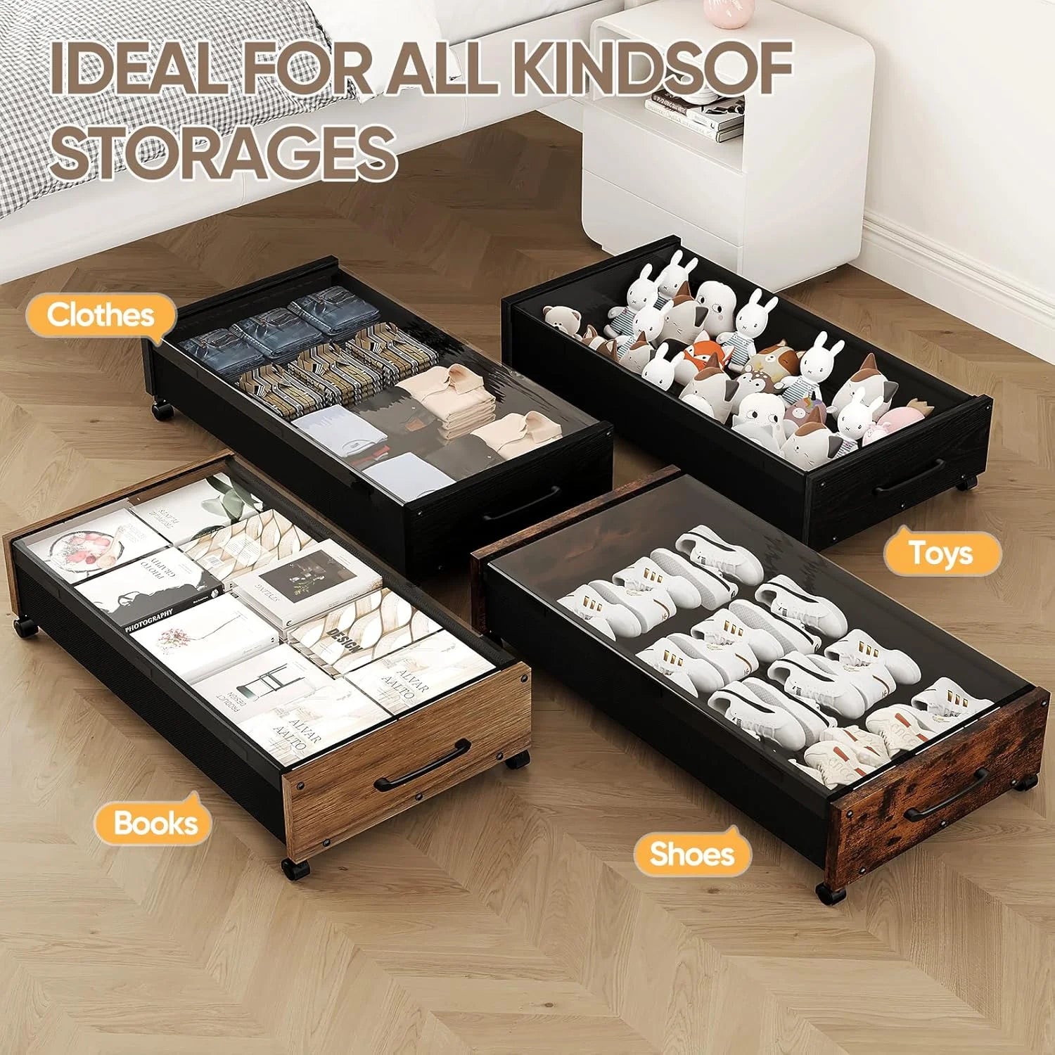 Black Wood 2 Pack Under Bed Storage with Wheels and Removable Lid J340300