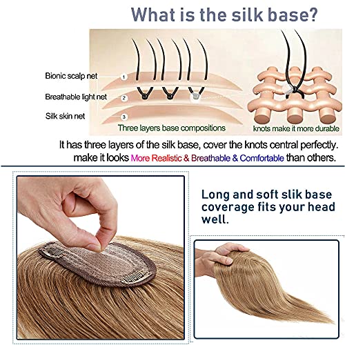 100% Real Human Hair Topper with Silk Base 3 Clips C61151