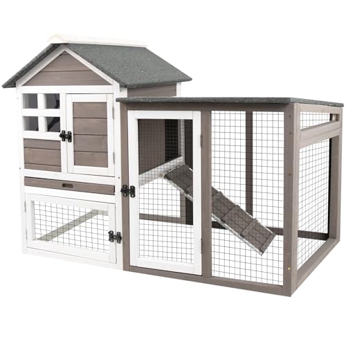 Grey 2-Story Fir Wood Rabbit Hutch with Pull Out Tray G6878