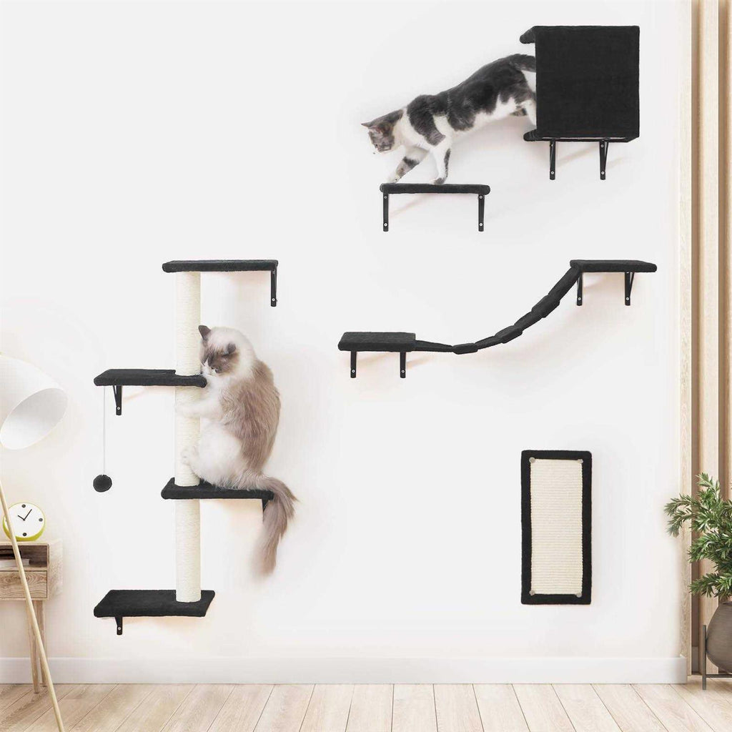 5pcs Wooden Cat Wall Shelves with Bridge, Steps, and Scratcher M342