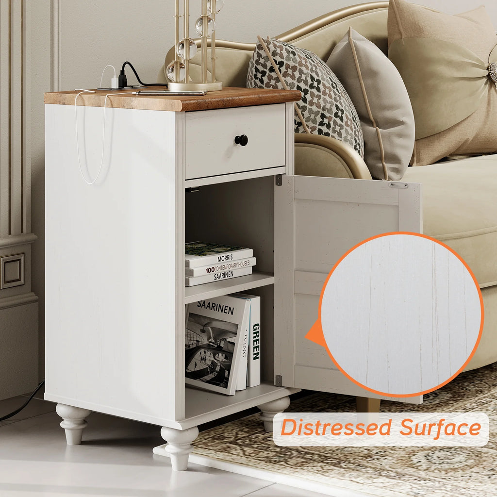 Off-White Wood Nightstand with Drawer and Charging Station K13241