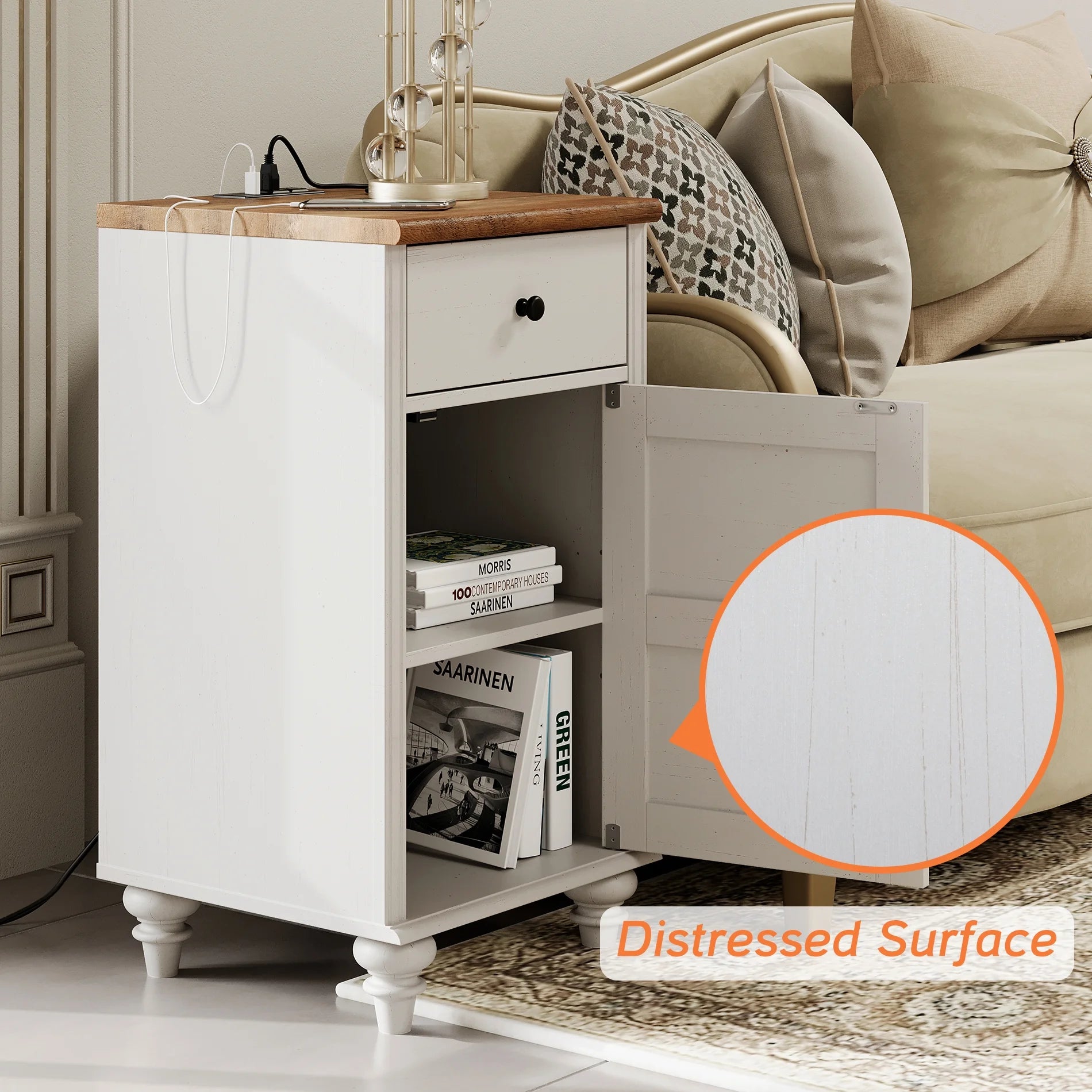 Off-White Wood Nightstand with Drawer and Charging Station K13241