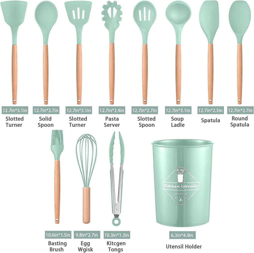 11 Pcs Non-Stick Silicone Cooking Utensils Set with Wooden Handle (Light Green) B581772
