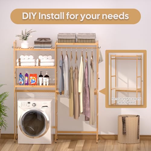 5 Tiers Bamboo Laundry Drying Rack with Adjustable Shelves and 4 Hooks D810036