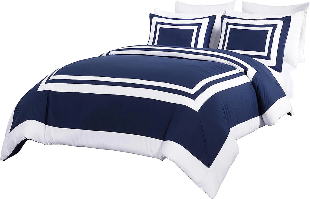 7-Piece King Bed in a Bag Comforter Set with Sheets Navy White Square Pattern Bedding Set O8298