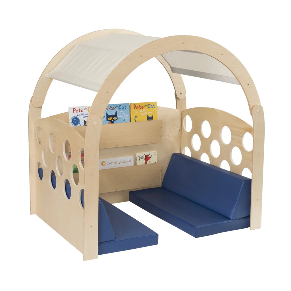 Tan/Red Canopy Reading Nook with Blue Cushions X53364