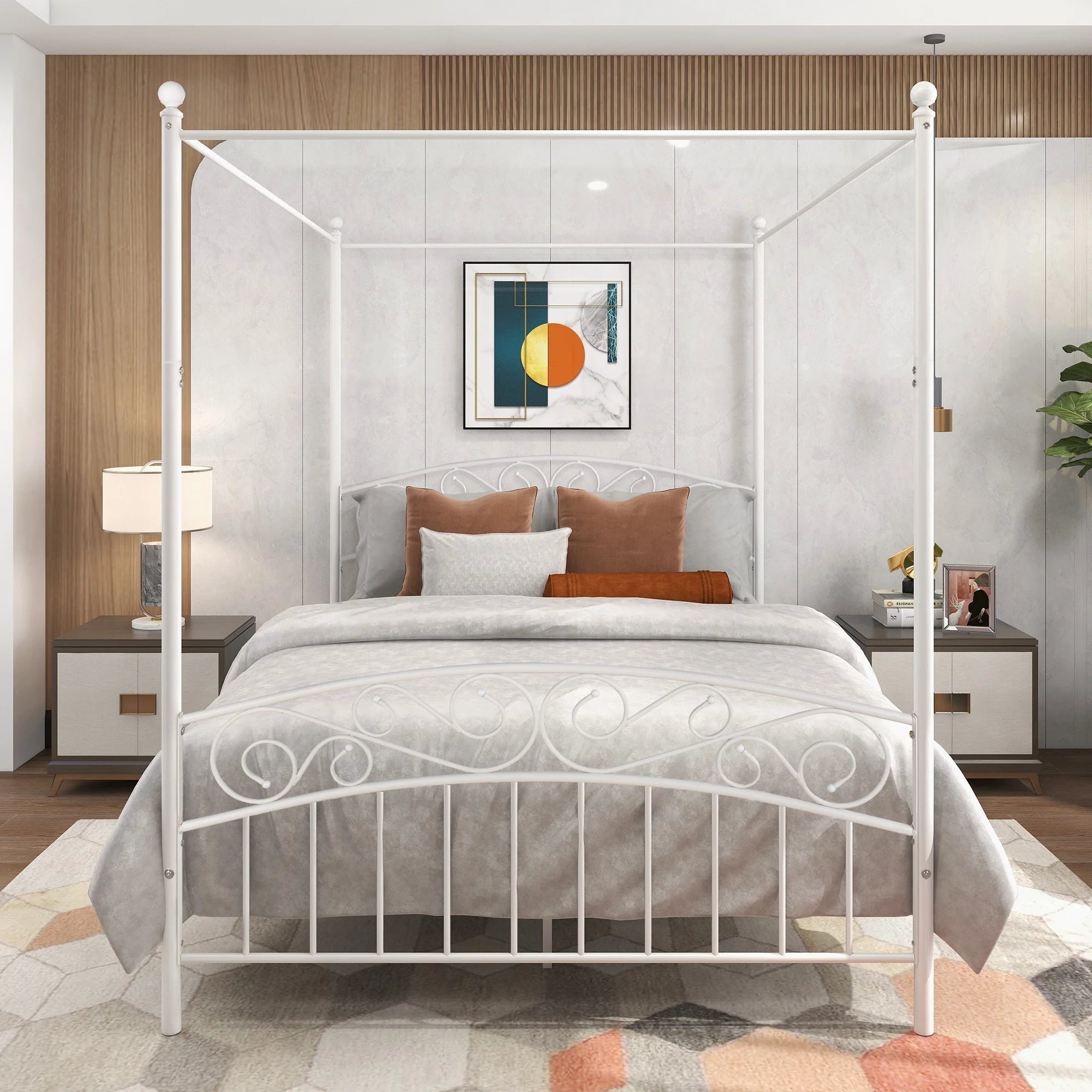 Queen Size Black Metal Canopy Bed Frame with Headboard T952
