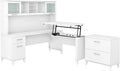 White 3 Position Sit to Stand L Shaped Desk with Hutch and File Cabinet L570450