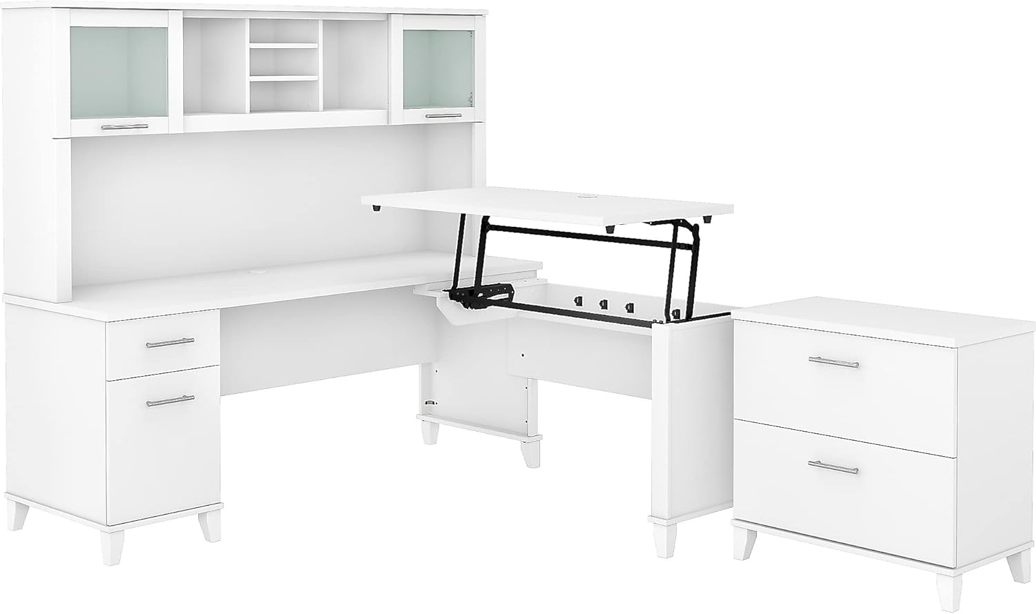 White 3 Position Sit to Stand L Shaped Desk with Hutch and File Cabinet L570450