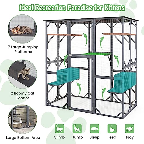 72 Inch Tall Wooden Cat Enclosure with Weatherproof Asphalt Roof R2535