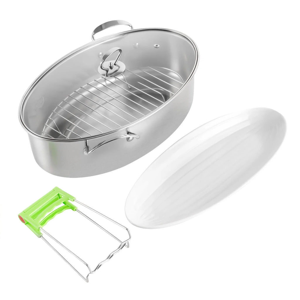 Stainless Steel Oval Fish Steaming Pot with Glass Lid Cookware K82653