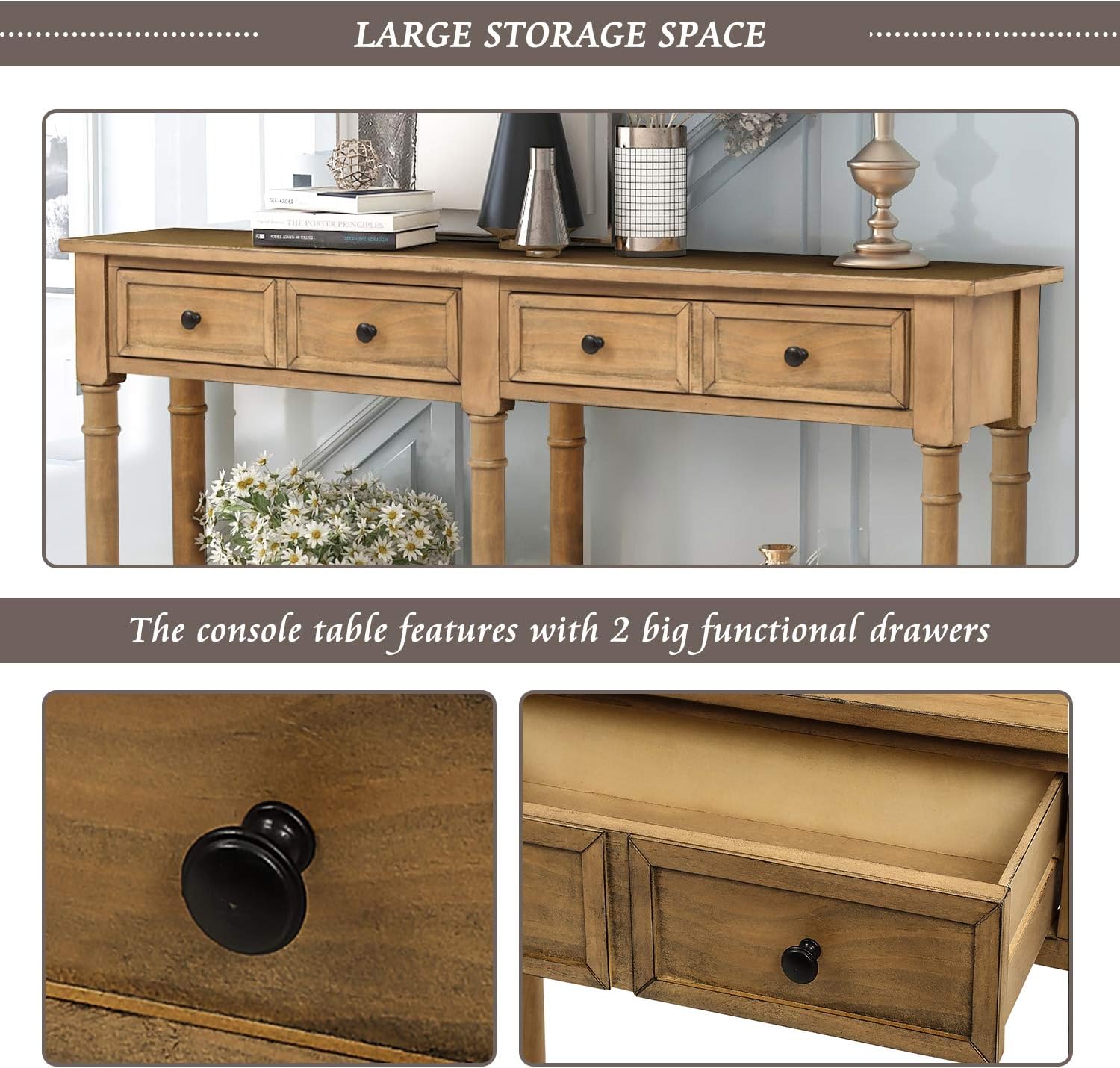 Old Pine Solid Wood Console Sofa with Two Storage Drawers and Bottom Shelf V549