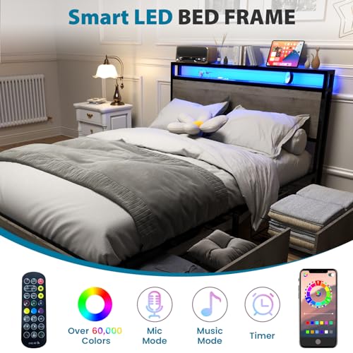 Gray Queen Size Bed Frame with 4 Storage Drawers and LED Headboard L766253