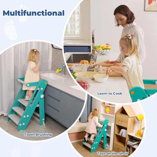 Foldable Adjustable Toddler Kitchen Stool with Handles Non-Slip Blue Grey M586