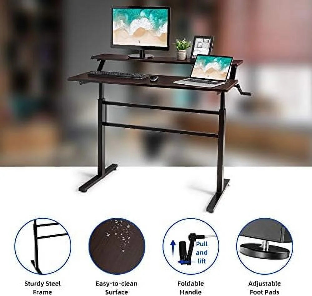 2-Tier Height Adjustable Standing Desk with Monitor Stand (Brown) Y293