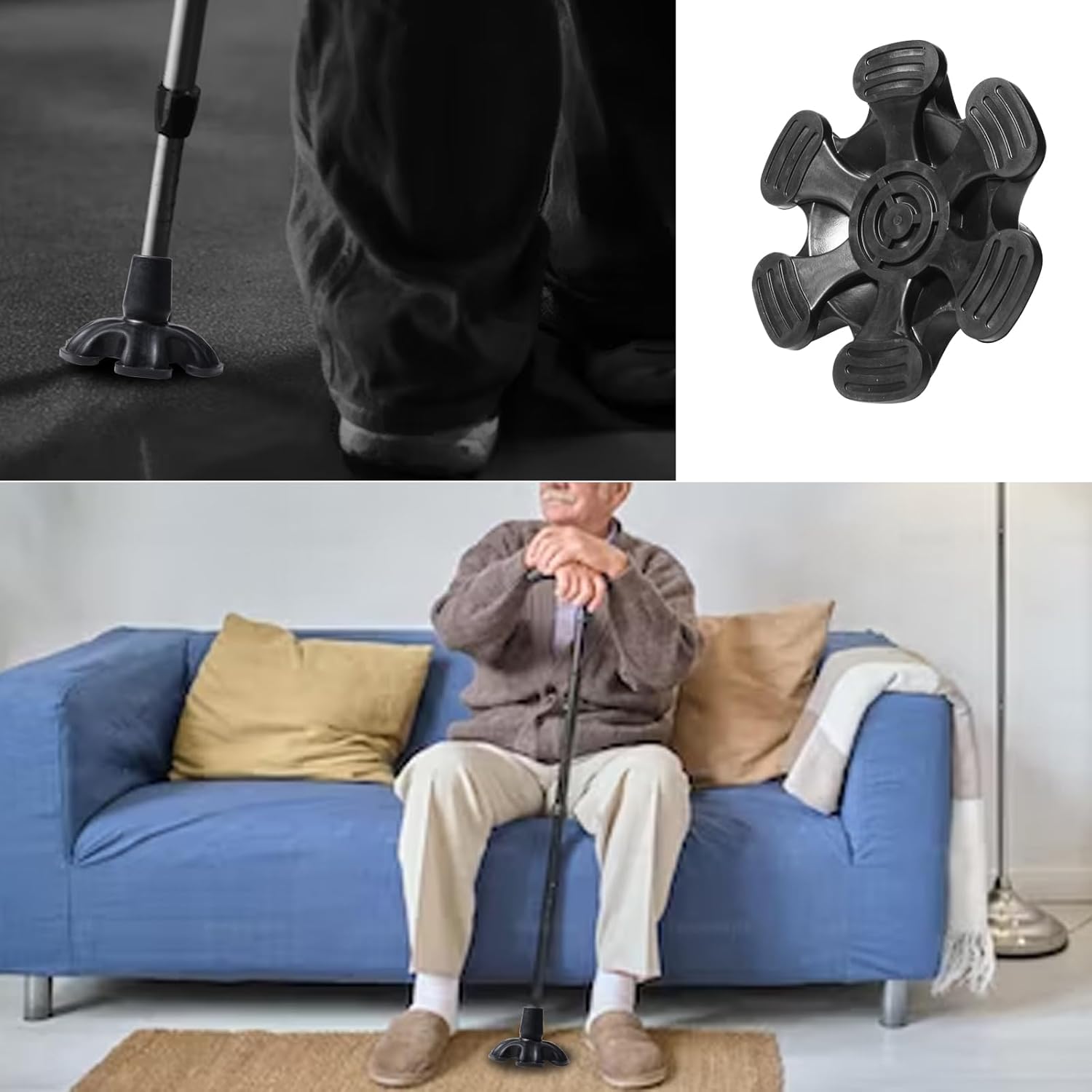 3/4'' Self Standing Rubber Cane Tip Quad Walking Cane Tips with 6 Support Feet Heavy Duty Rubber Cane Tip Base U149494