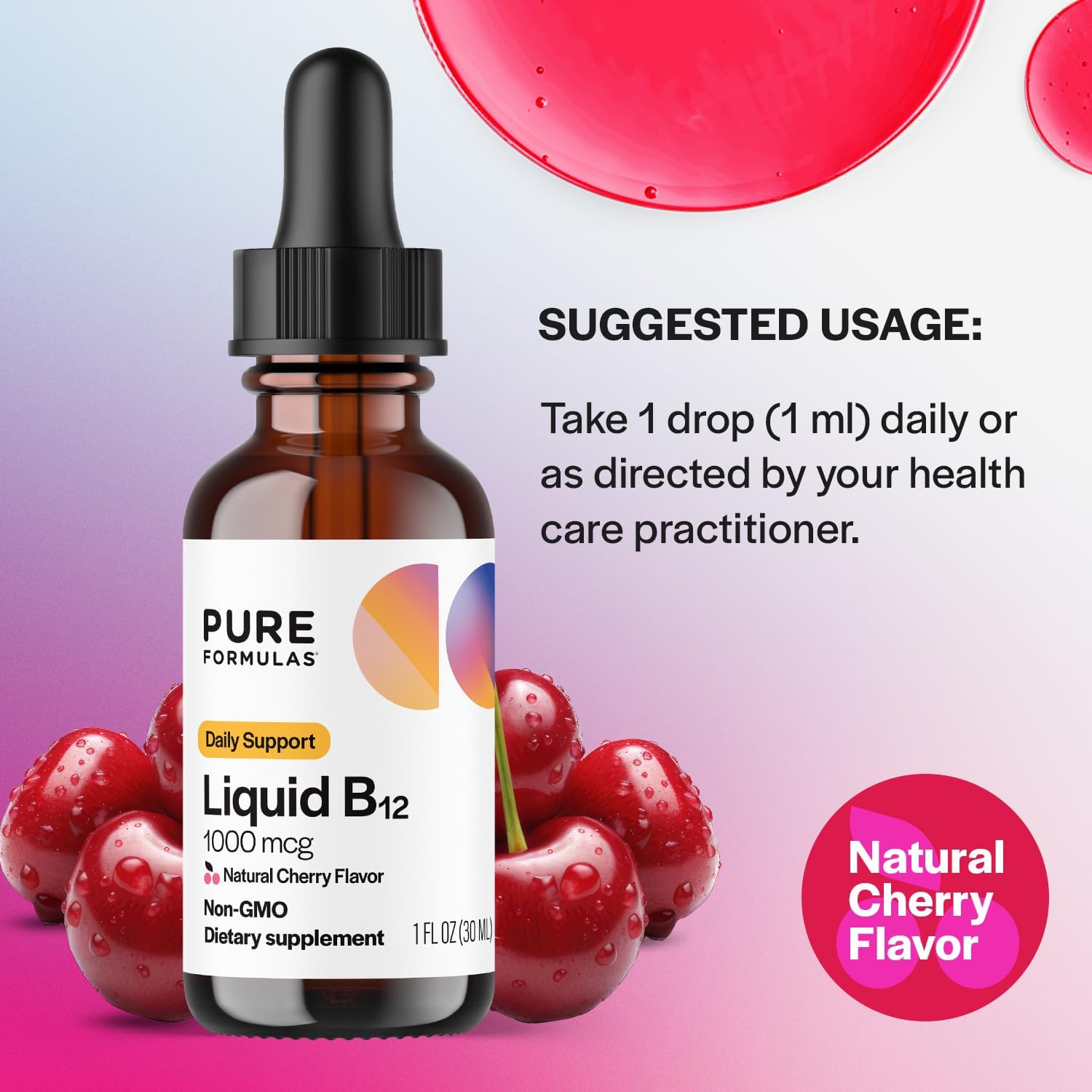 Liquid B12 1000 mcg Natural Cherry Flavor B12 Sublingual Drops Non-GMO Allergen-Free 1 fl. Oz. M27249
