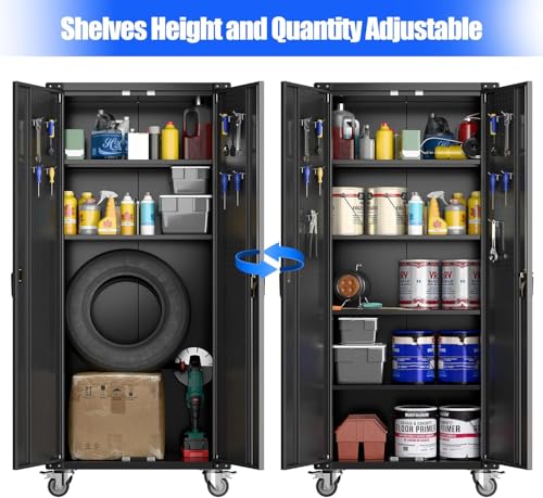 73''H Black Metal Garage Storage Cabinet with 2 Doors and 4 Adjustable Shelves Y310
