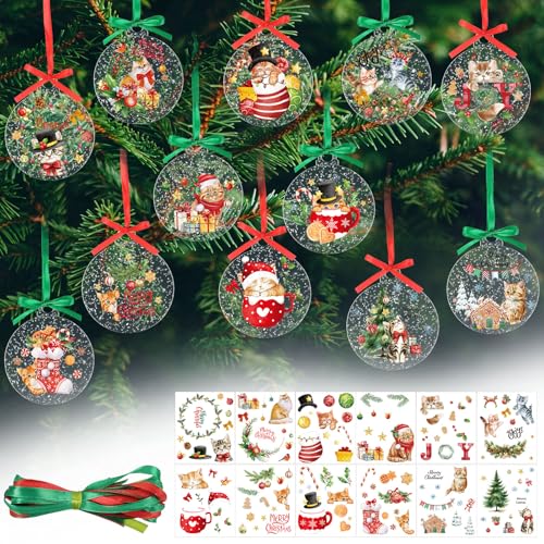 Acrylic Christmas Tree Ornaments DIY Craft Kits Hanging Xmas Ball Decorations with Stickers Ribbons (Red) K471639