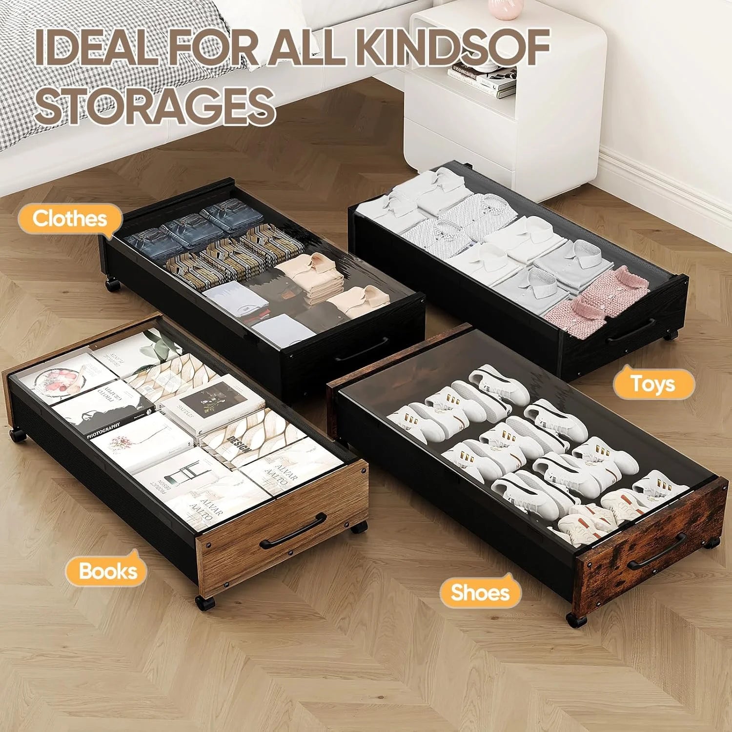 Black Wood 2 Pack Under Bed Storage with Wheels and Removable Lid J340300