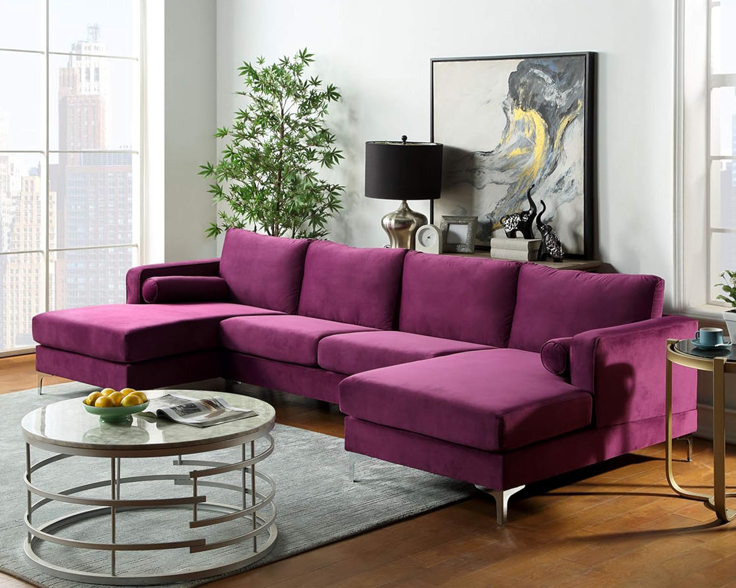 Purple Velvet Sectional Sofa Set with 2 Pillows V4845