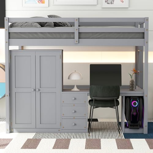 White Full Size Loft Bed with Wardrobe, Desk and Storage Drawers D4389