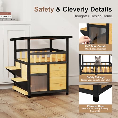 Outdoor Cat House Weatherproof Two Story Feral Cat Shelter with Escape Door Wood Dog Condo for Small Medium Pets Pull-Out Bottom Scratching Mat Included Black and Earthy Yellow F892775