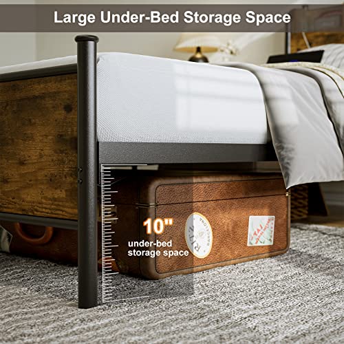Queen Platform Bed Frame with LED Lights and Charging Station and Storage Shelf Headboard, Black U285920