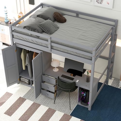 Gray Solid Pine Wood Loft Bed with Wardrobe Desk Storage Drawers V935690