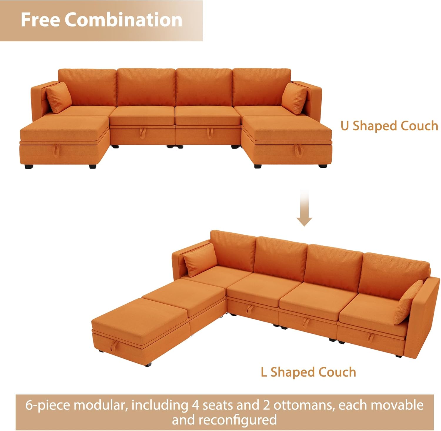 Orange U Shaped Modular Sectional Sofa with Storage Seat O9146