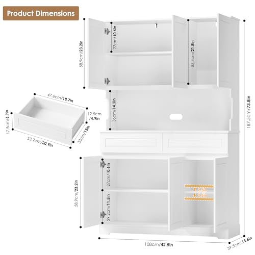 74" Tall Pantry Cabinet with 6 Doors and 2 Drawers, Grey T855