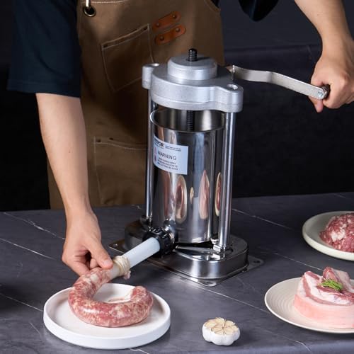 7 L / 15 LBS Vertical Manual Sausage Stuffer, 304 Stainless Steel, 5 Stuffing Tubes C75526