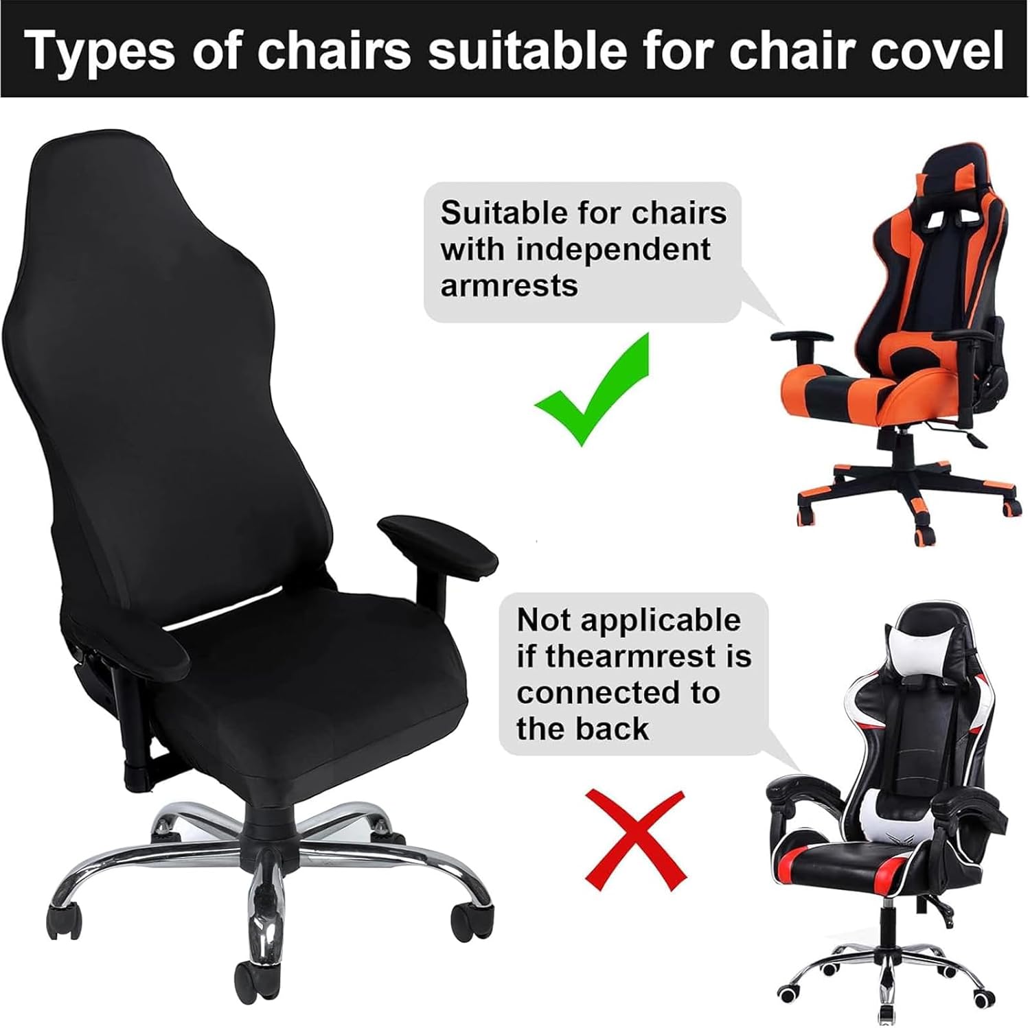 Black Stretchy Polyester Gaming Chair Cover Set of 4 M90744