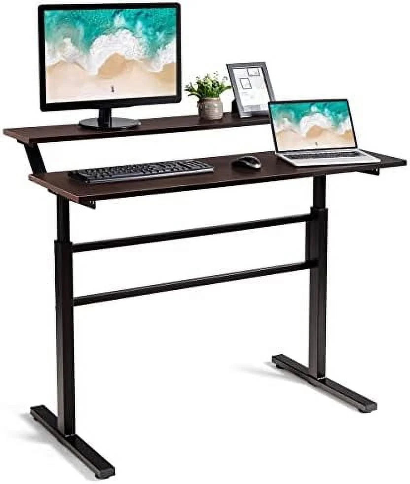 2-Tier Height Adjustable Standing Desk with Monitor Stand (Brown) Y293