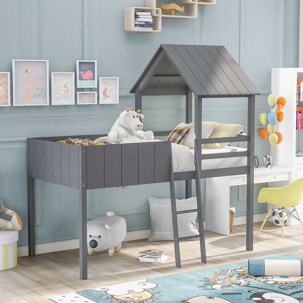 Gray Twin Size Wood Loft Bed with Roof Guardrail Ladder J9558