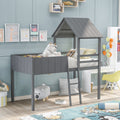 Gray Twin Size Wood Loft Bed with Roof Guardrail Ladder J9558