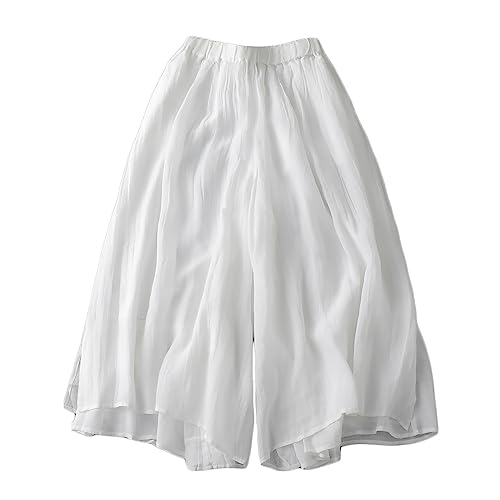 Women Summer Palazzo Capri Pants Double Layer Wide Leg Elastic Waist Lightweight Trousers I375