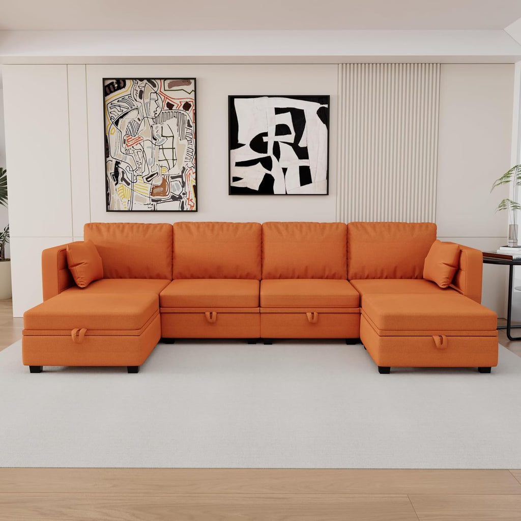 Orange U Shaped Modular Sectional Sofa with Storage Seat O9146