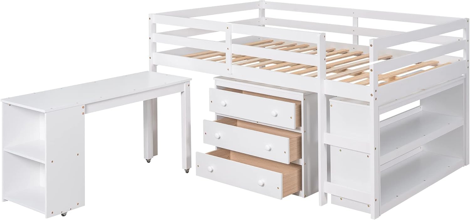 White Full Size Wood Loft Bed with Desk G75450