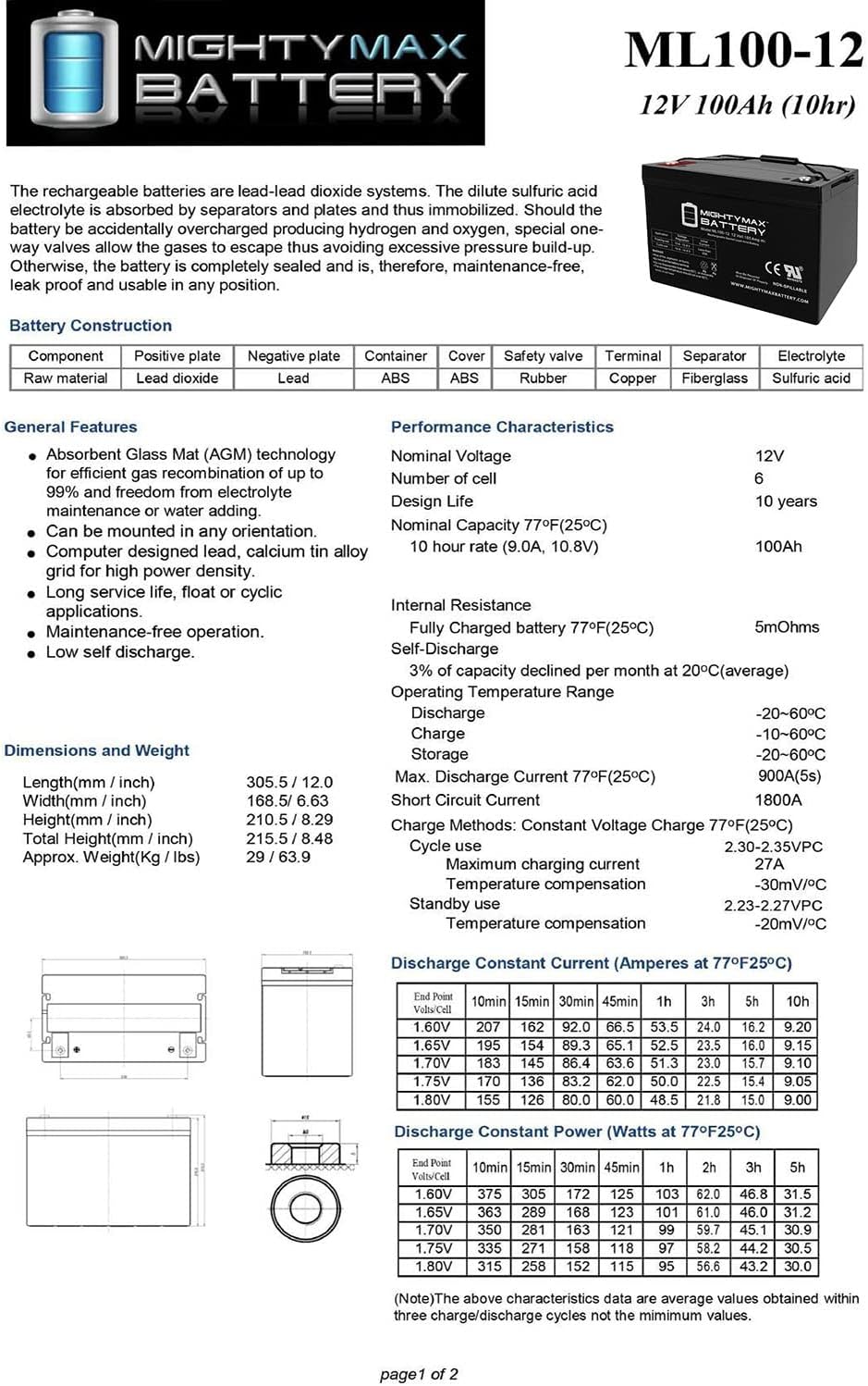12V 100Ah SLA AGM Battery Y474090