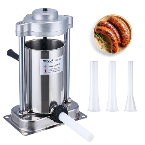 7 L / 15 LBS Vertical Manual Sausage Stuffer, 304 Stainless Steel, 5 Stuffing Tubes C75526