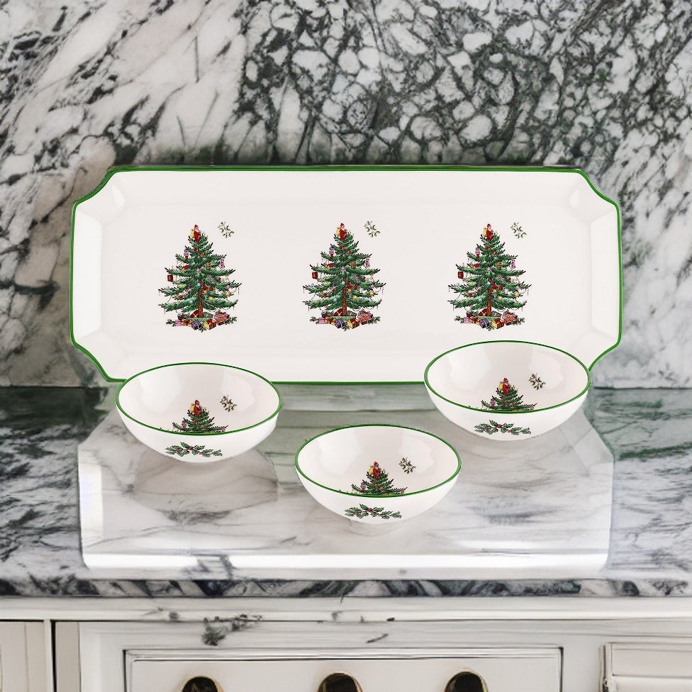 4 Piece Rectangular Tray with 3 Dip Bowls, Fine Earthenware S4852