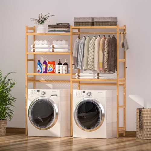 5 Tiers Bamboo Laundry Drying Rack with Adjustable Shelves and 4 Hooks D810036