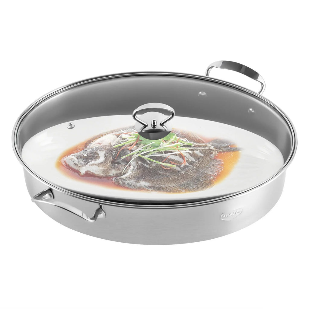 Stainless Steel Oval Fish Steaming Pot with Glass Lid Cookware K82653