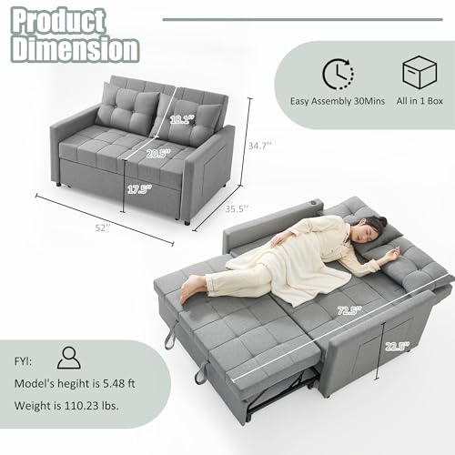 Light Gray Linen Sleeper Sofa with Pull-Out Bed V8935