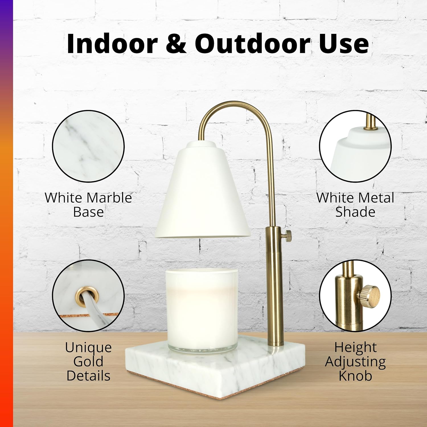 Adjustable Electric Candle Warmer with Dimmer, Marble Base, Gold Frame L6474