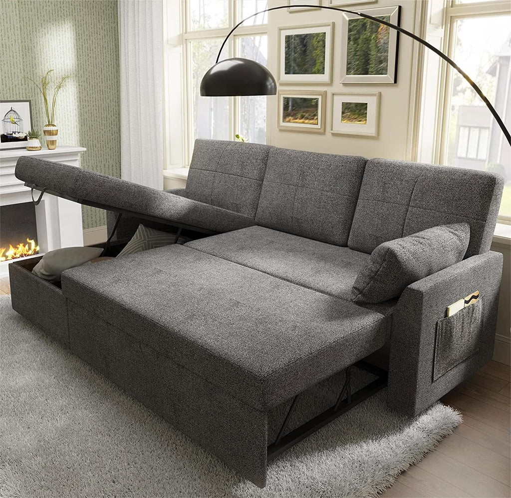 Gray Chenille Sleeper Sofa with Storage Chaise H5086