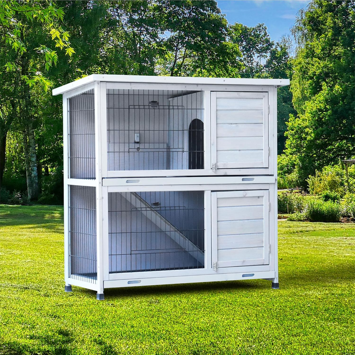 White 2-Story Large Rabbit Hutch with 2 Removable No-Leak Trays Q496483