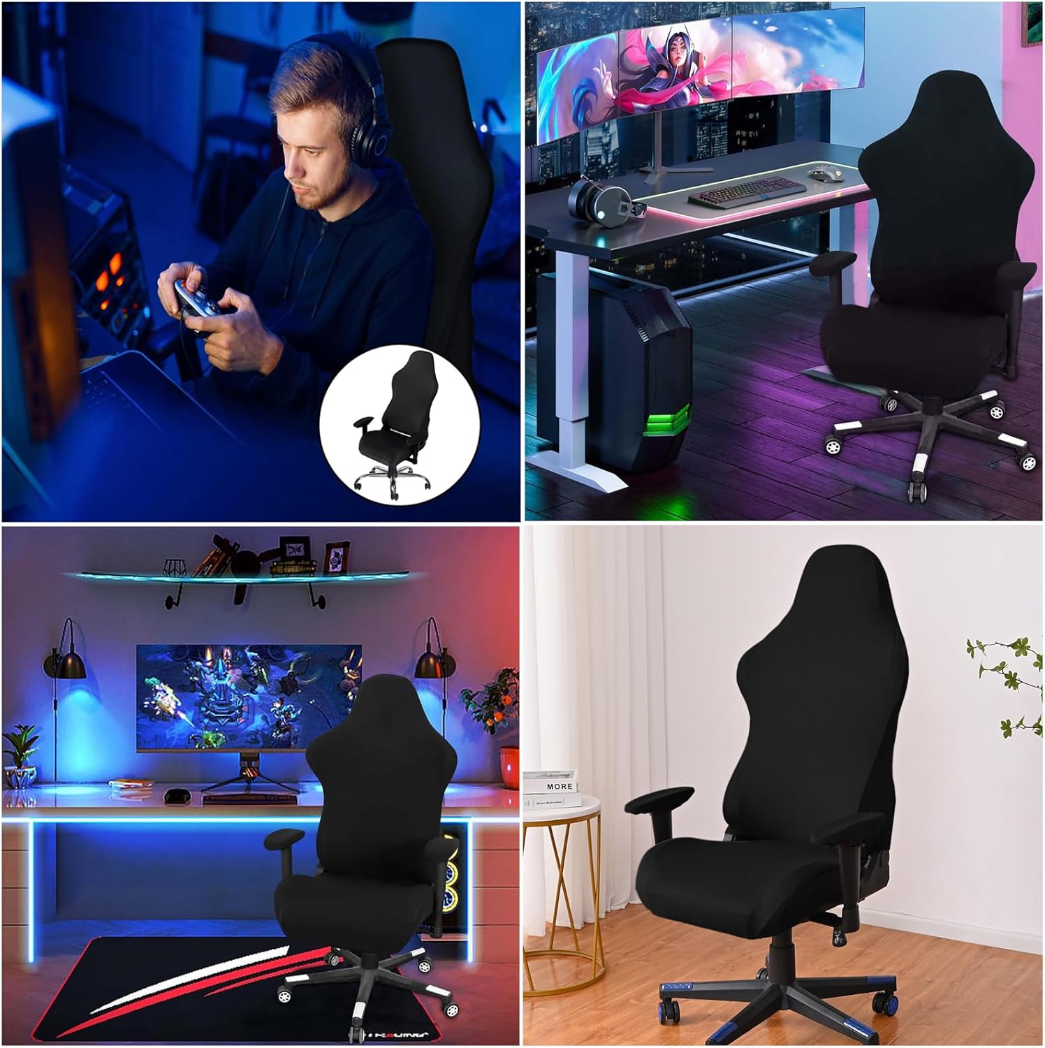 Black Stretchy Polyester Gaming Chair Cover Set of 4 M90744